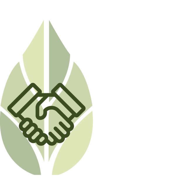 Handshake icon over green leaves logo