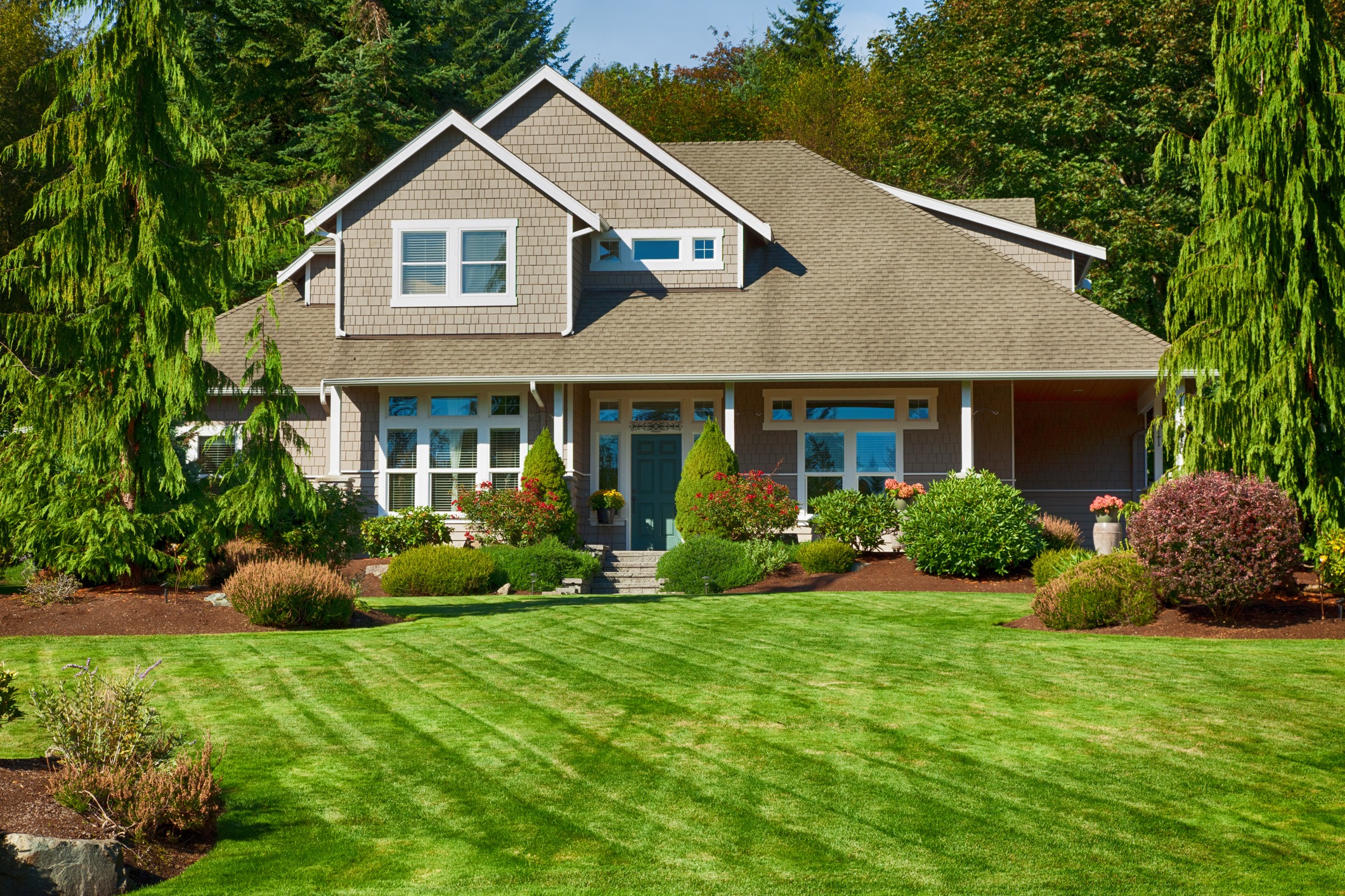 Craftsman-style home with manicured lawn and landscaping