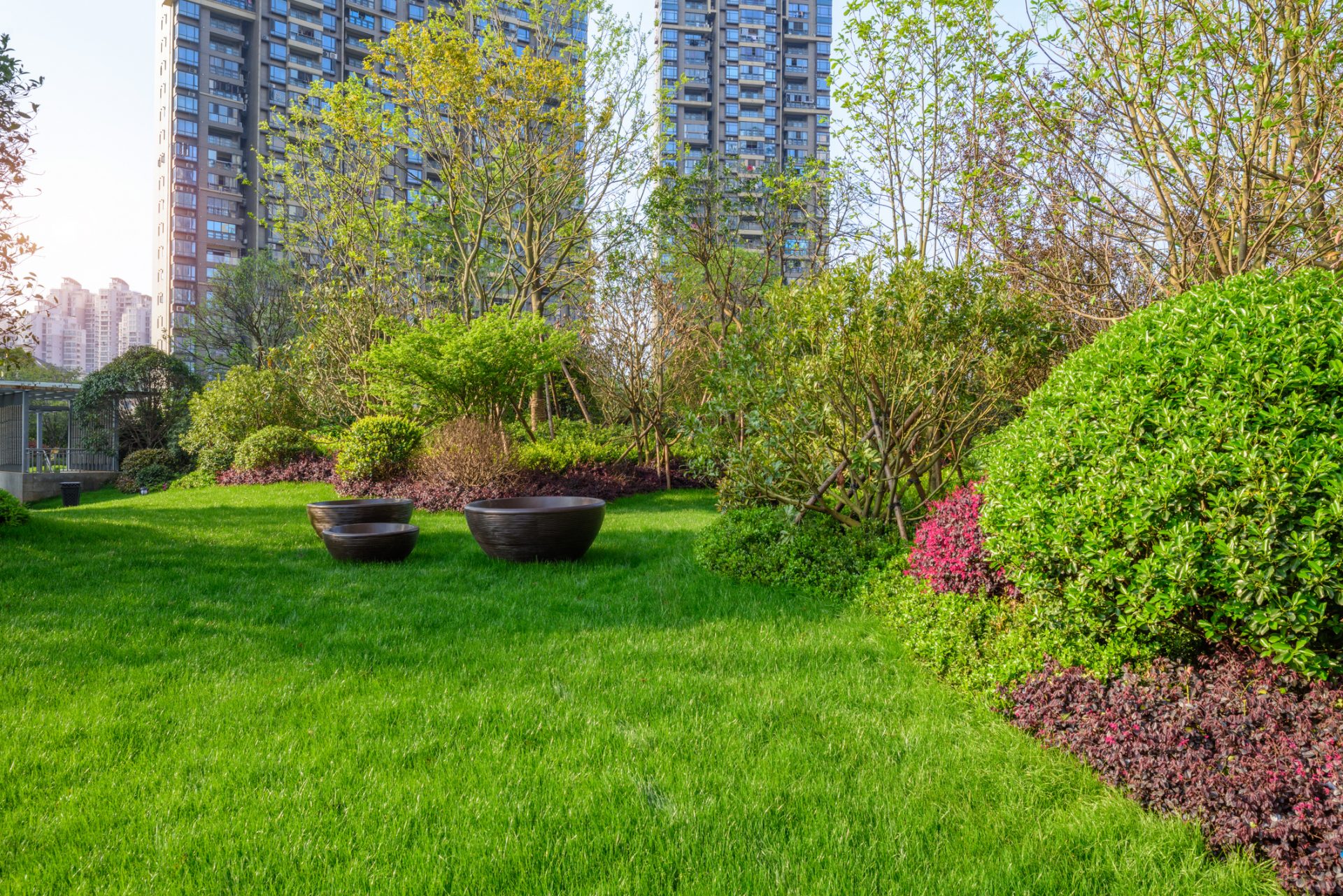 Urban garden with lawn and high-rise apartments